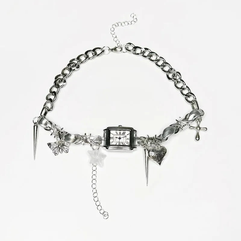 Dark style multi-layer cross necklace with hemp flowers chain adjustable 41-50cm electroplated alloy