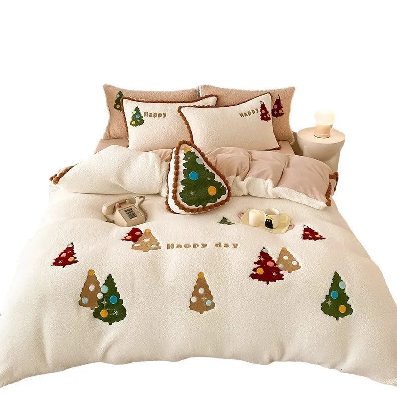 Bright yellow Christmas tree cartoon pattern fleece-lined four-piece bedding set with embroidery