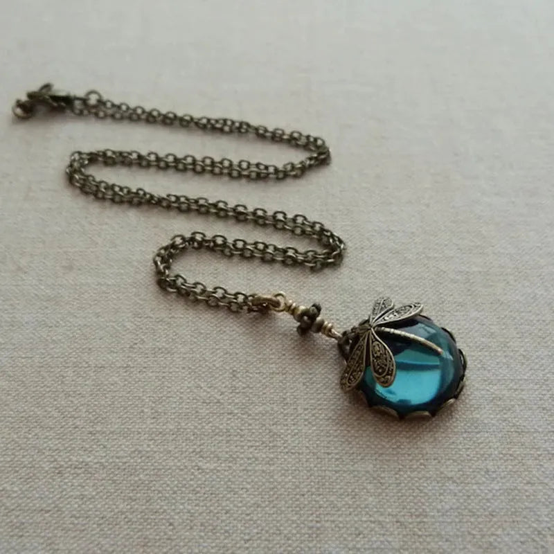 Yellow 925 silver dragonfly pendant necklace with vintage bronze carving on chain