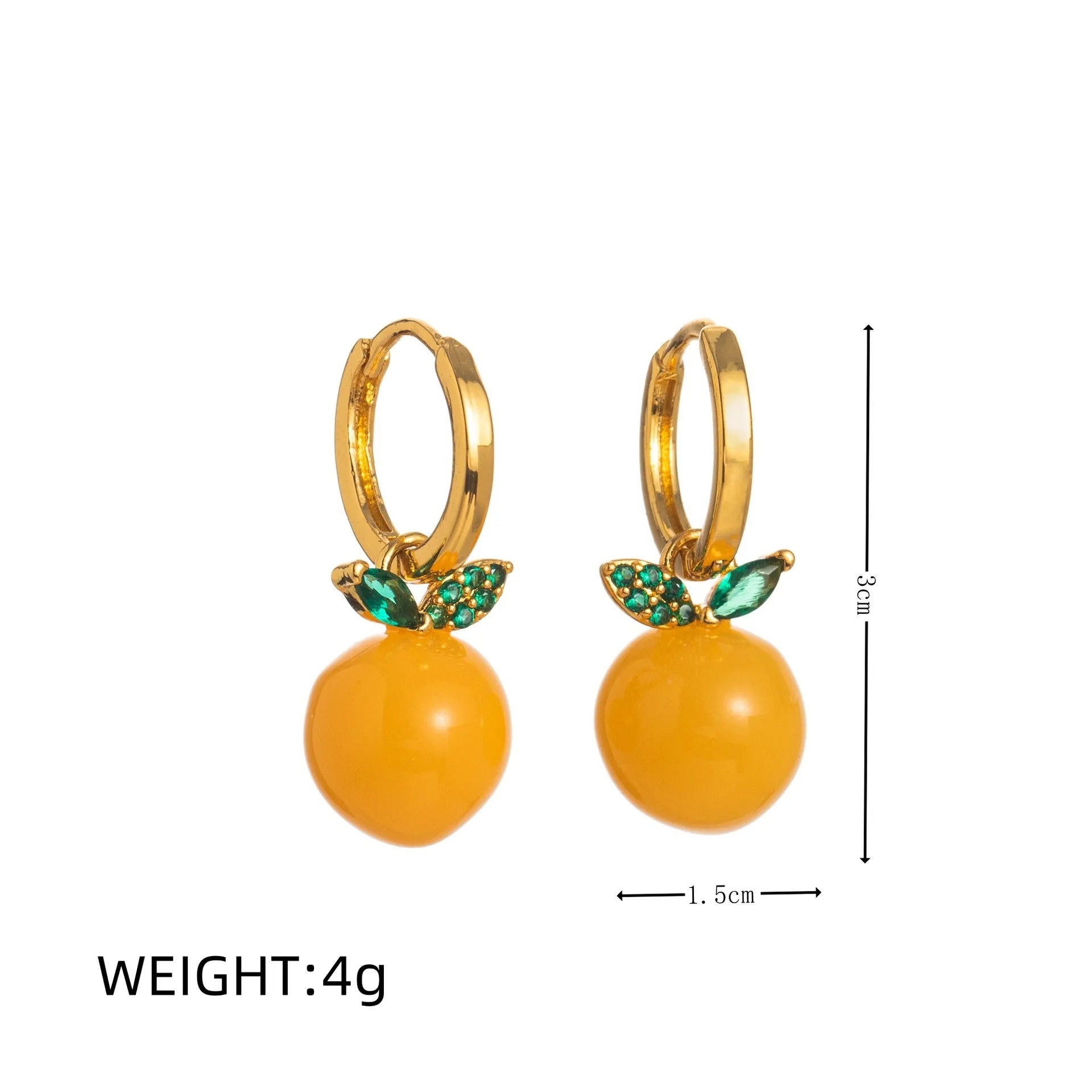 Gold plated copper earrings with detailed carrot, orange, blueberry, chilli, lemon, olive, and peach designs.