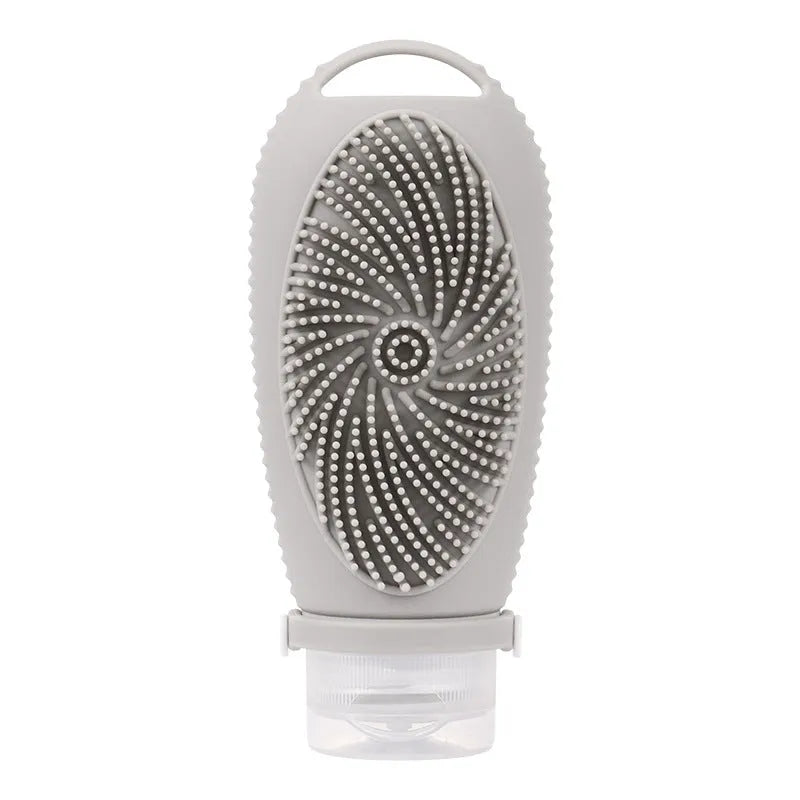 Silicone bath brush storage bottle in various colours showing 100ml capacity for bathroom organisation.