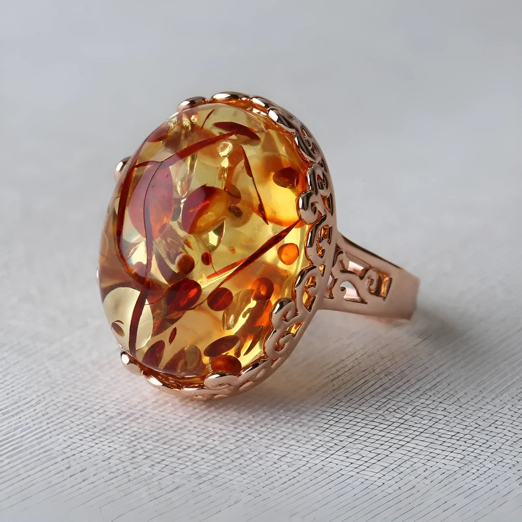 Amber ring with natural beeswax gemstone on adjustable alloy band