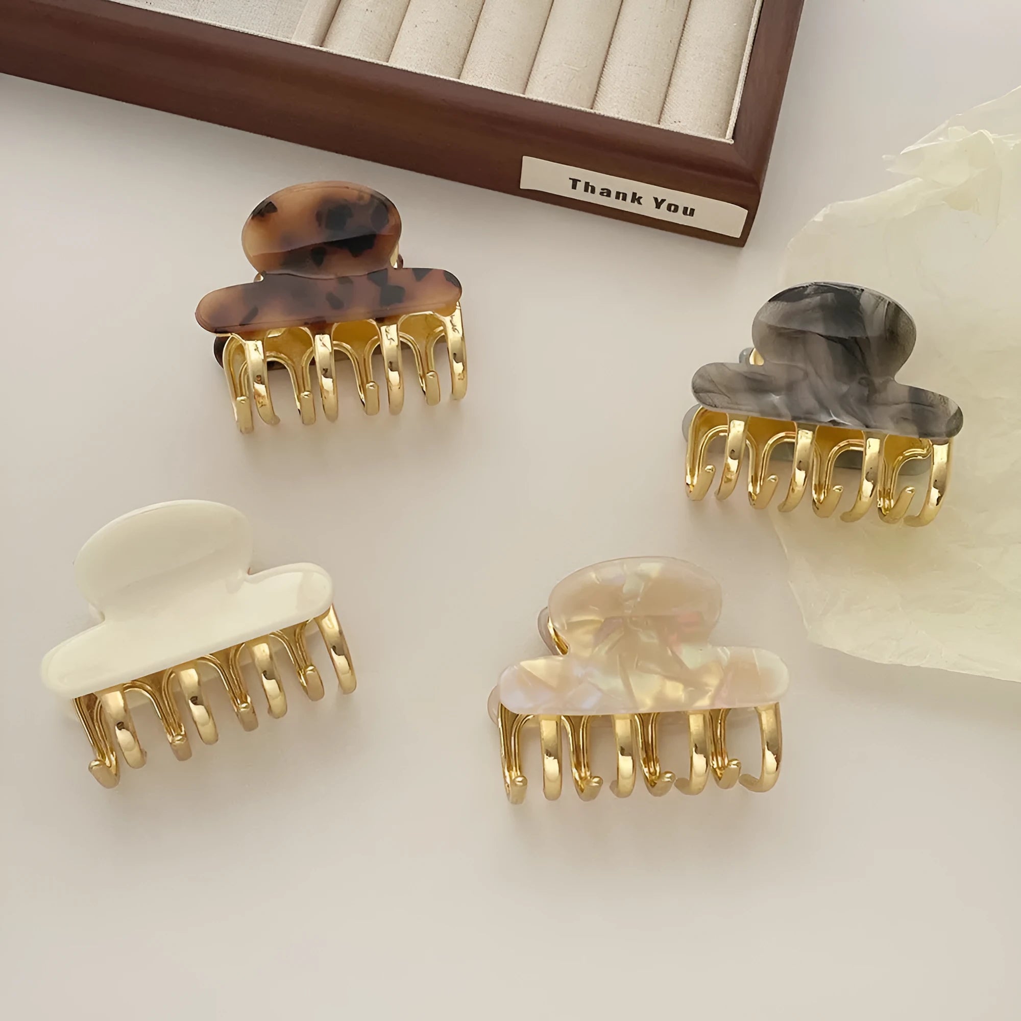 Women's retro acetate barrettes with metal grip in beige, white, ink, or leopard print colours