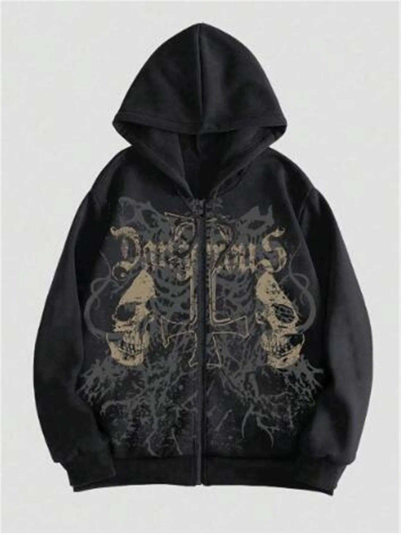 Black men's hooded sweatshirt with a white skull hot stamp print on the chest.