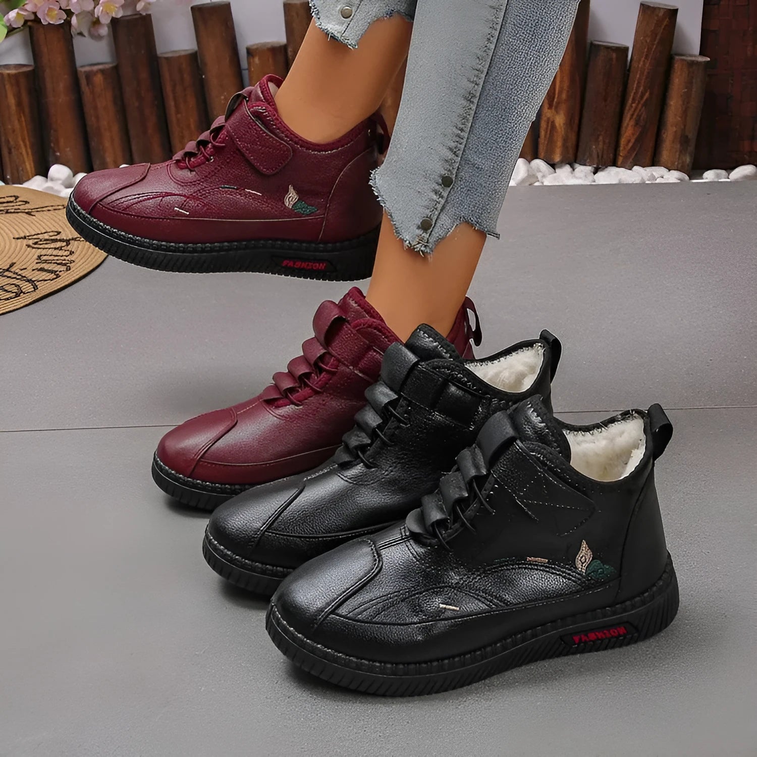Black and red women's velvet cotton shoes with a non-slip rubber sole and low tube design