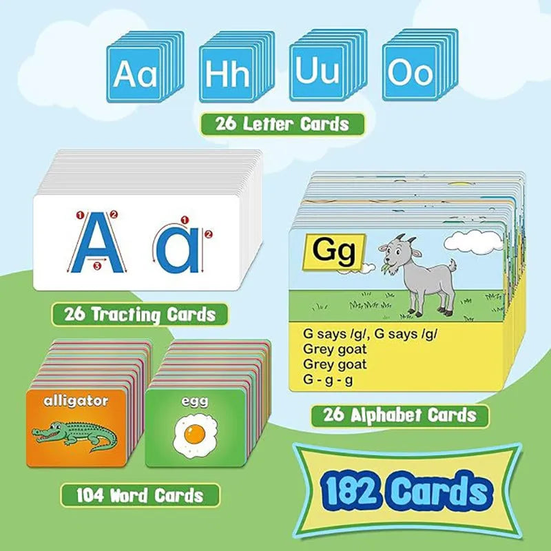 Children's alphabet learning sleeve chart with word cards, letter cards and picture cards