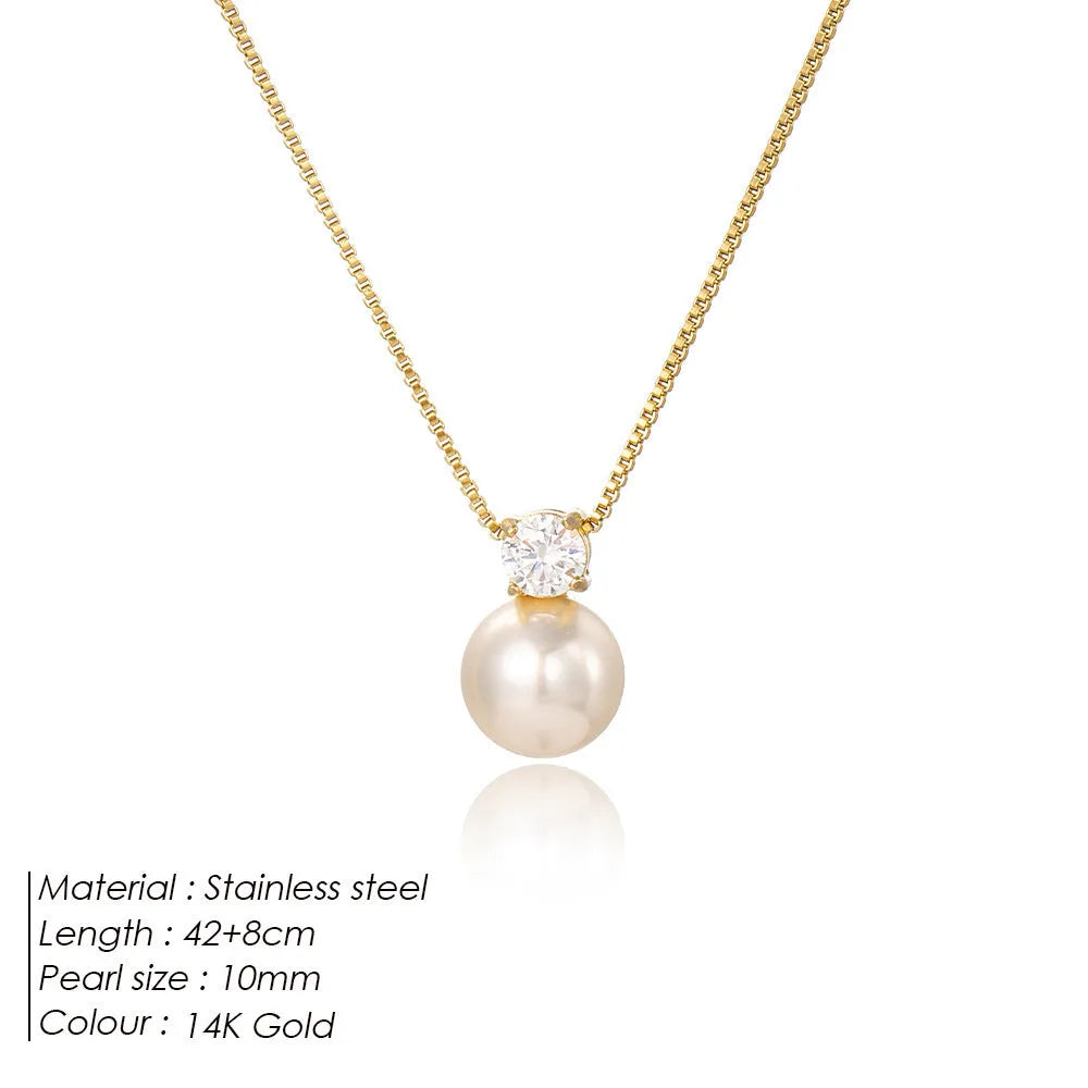 St Delan stainless steel women's necklace with imitation pearl and zircon pendant in gold colour