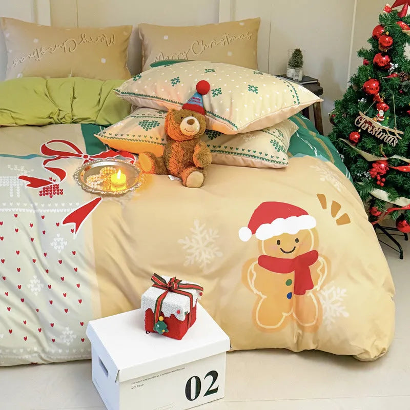 Christmas style four-piece bedding set with Gingerbread Man cartoon print on super soft washed cotton