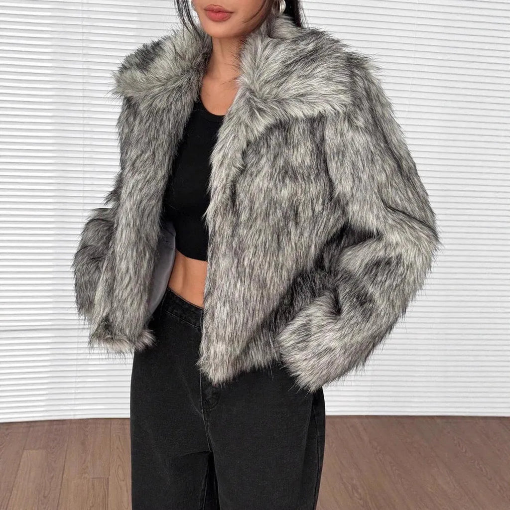 Women's artificial fur coat with fur collar in six colour options including dog fur pattern