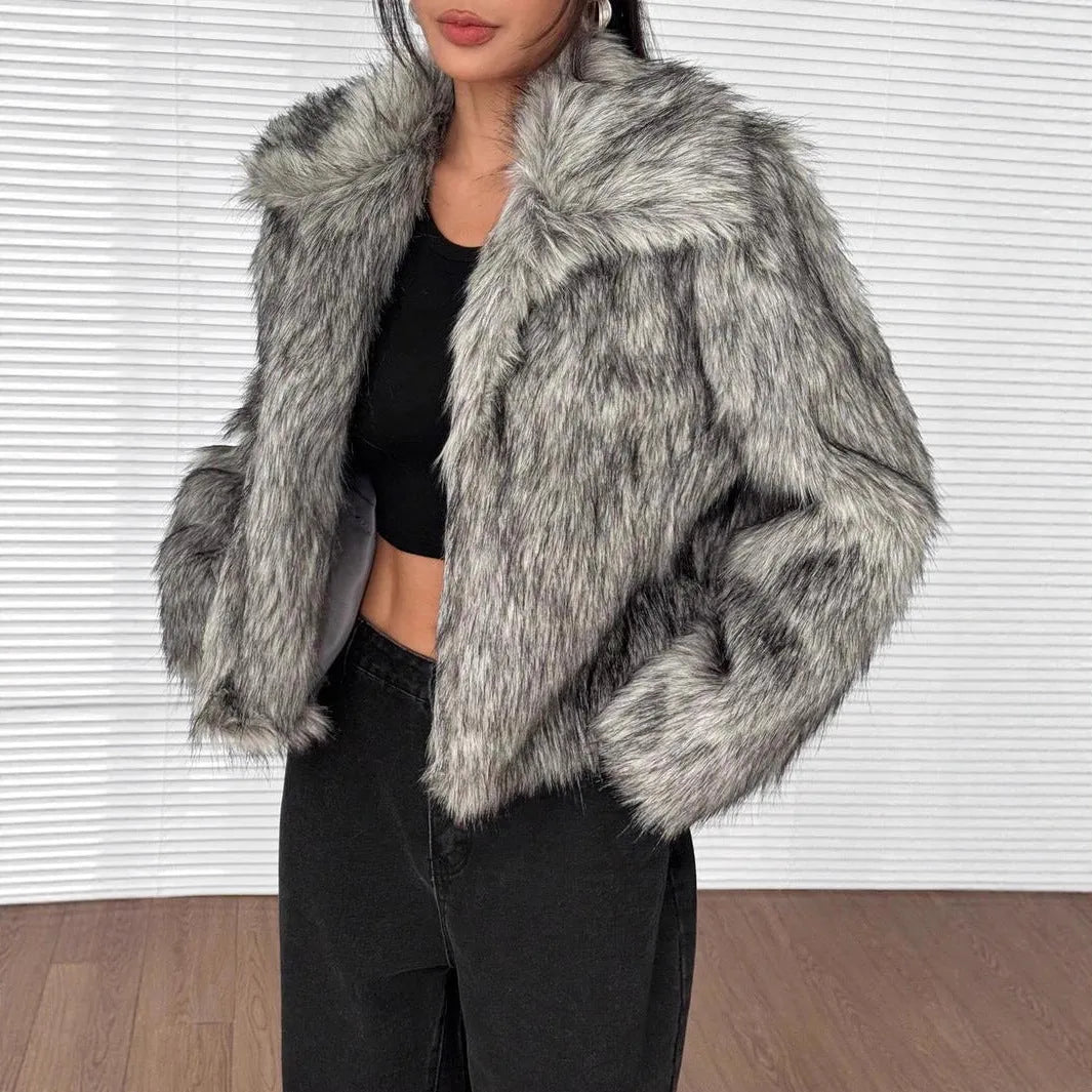 Women's artificial fur coat with fur collar in six colour options including dog fur pattern