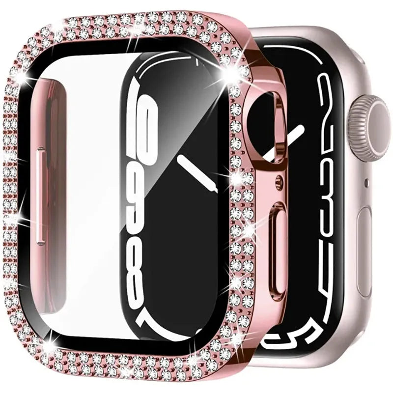 Apple Watch case with double diamond glass screen protector in rose pink colour for a 44mm model.