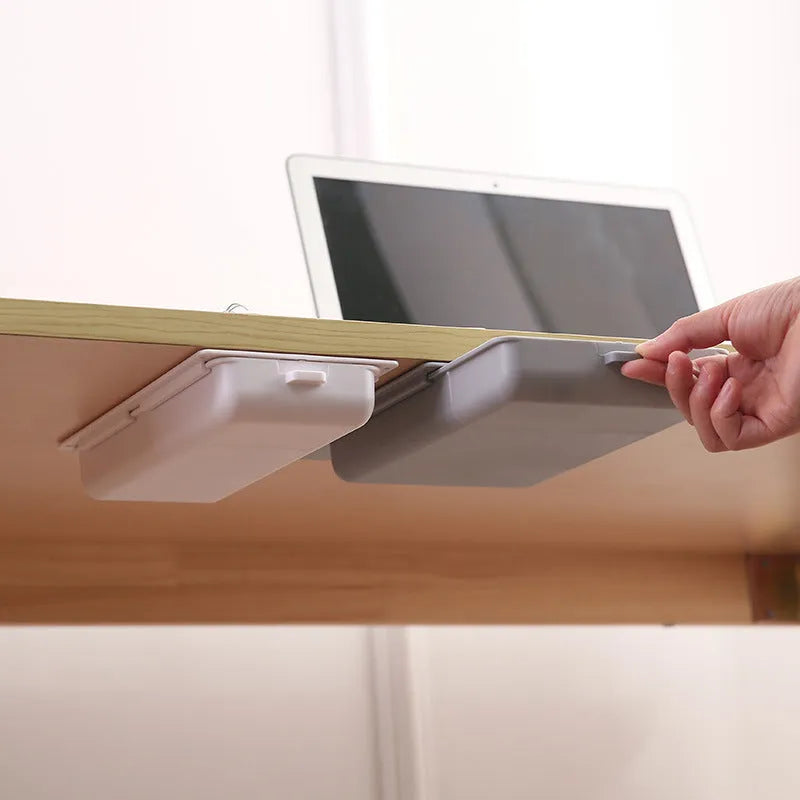 Adhesive plastic storage drawer box for under-table mounting in solid colours