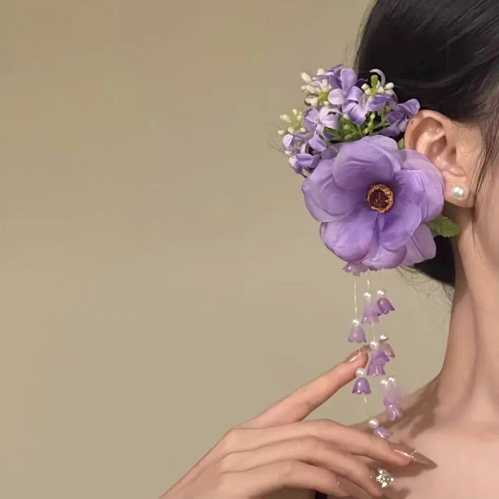 Handmade floral tassel side clip hair accessory with pearl accents in yellow or purple
