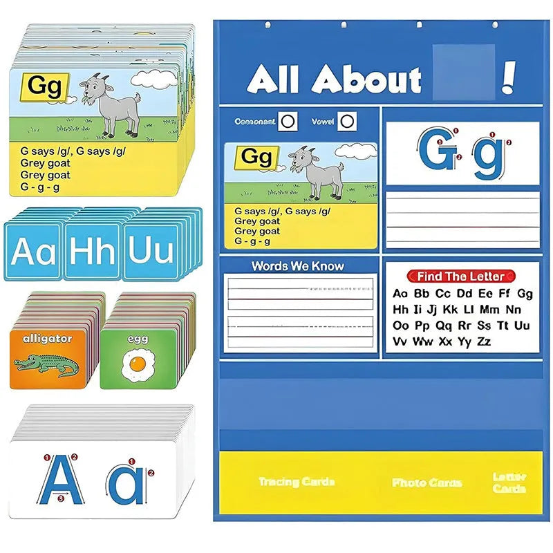Children's alphabet learning sleeve chart with word cards, letter cards and picture cards