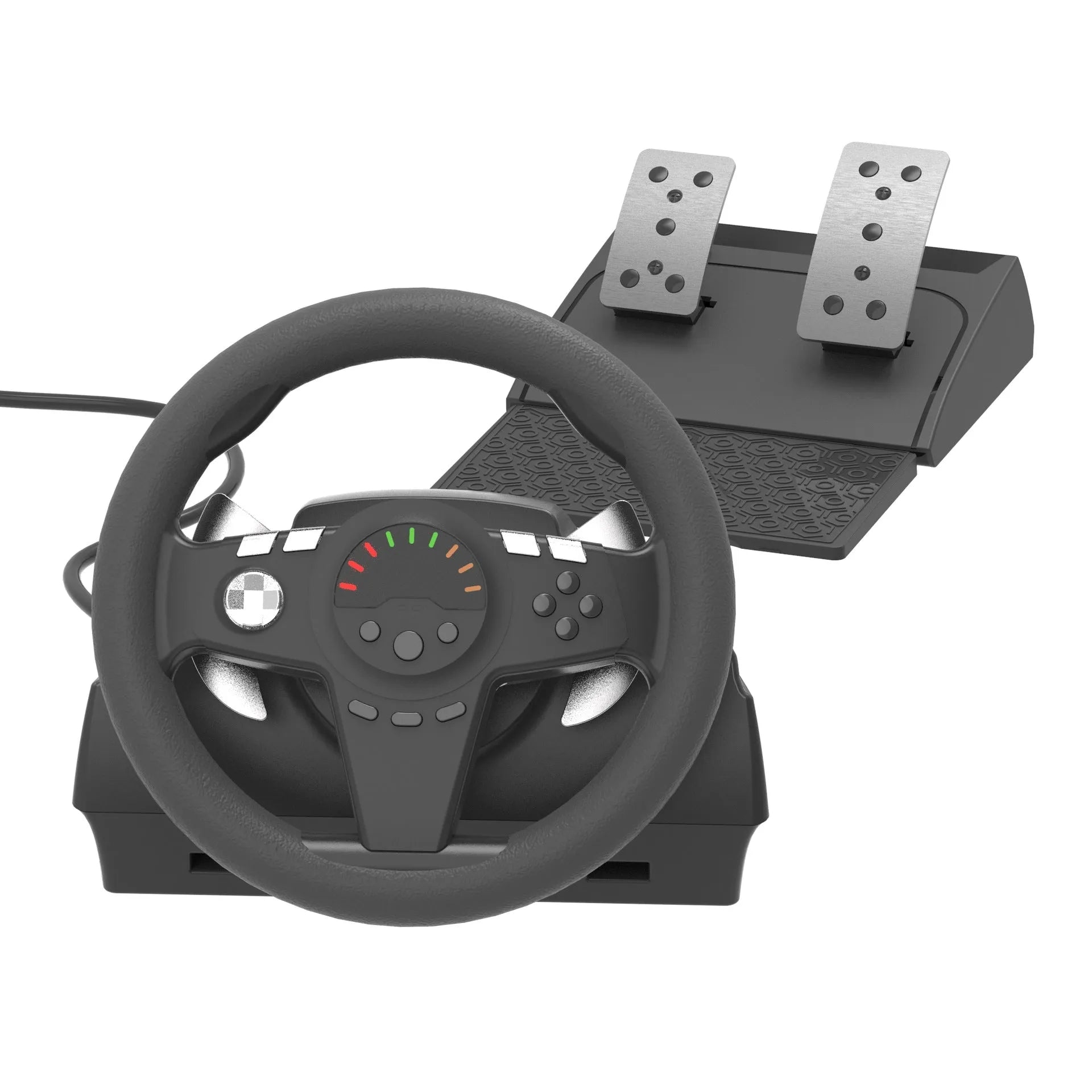 Black gaming steering wheel with two pedals and mounting bracket for multi-platform racing games