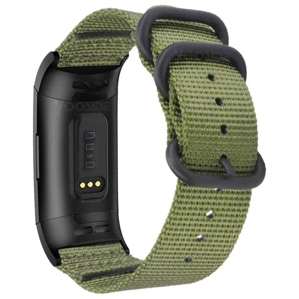 Nylon three-ring buckle replacement strap for Fitbit Charge fitness tracker in multiple colours.