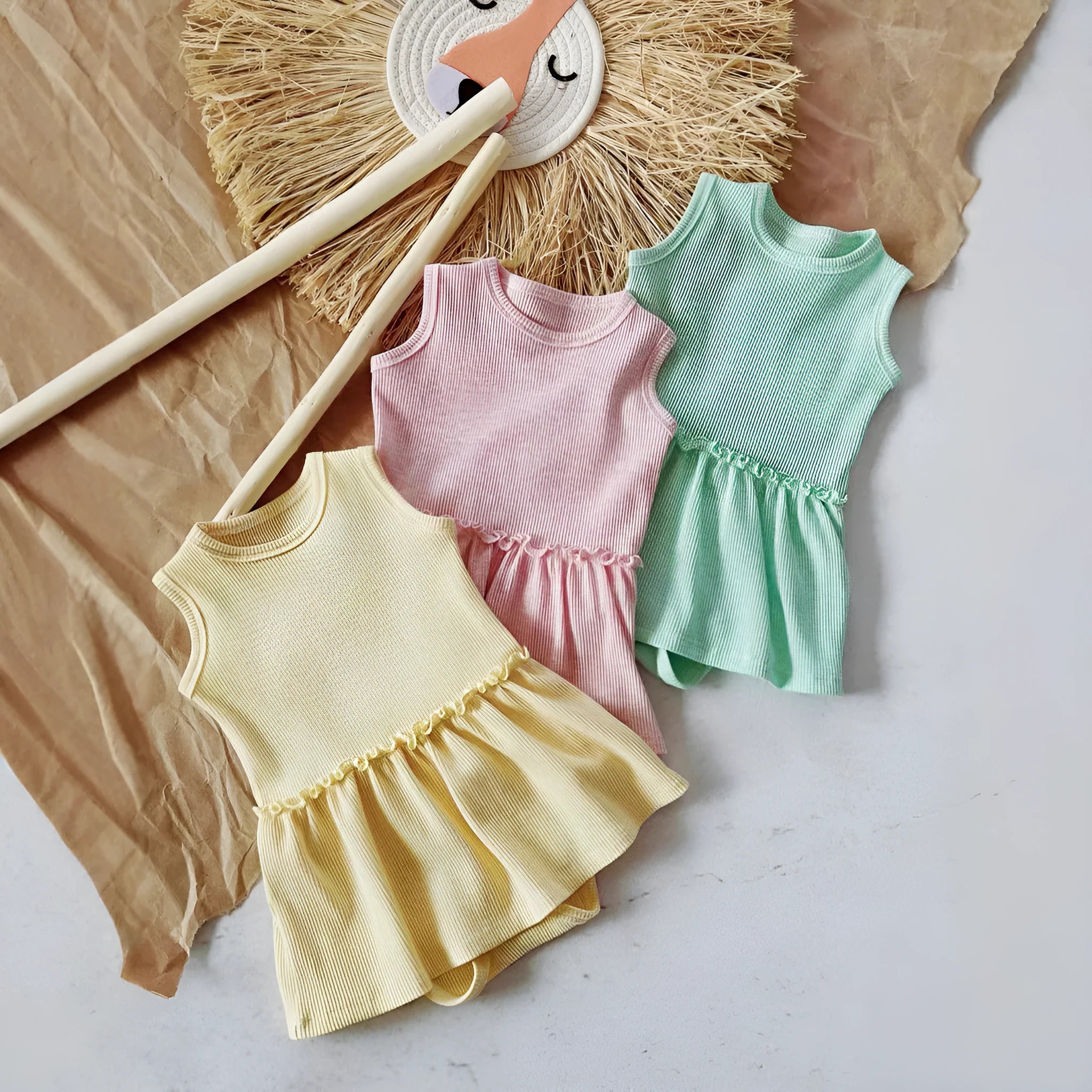 Baby girl cotton waffle sleeveless vest onesie in ying pink, triangle jumpsuit style
