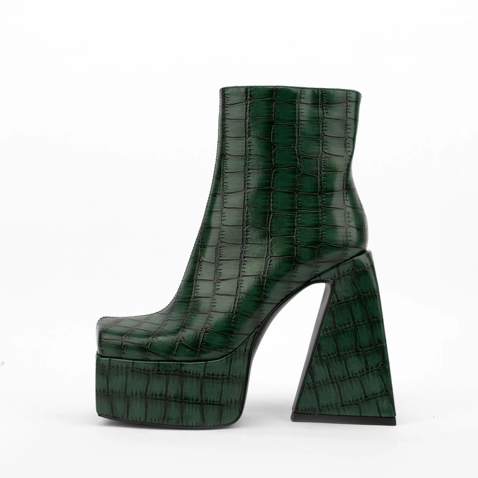 Women's artificial PU ankle boots with a super high heel in beige, shown on a foot.