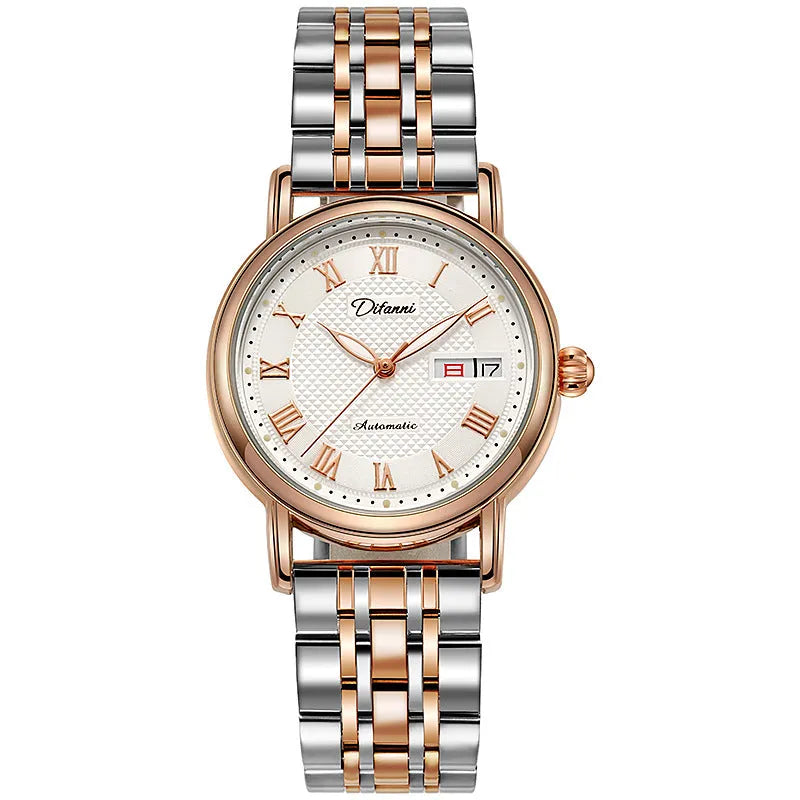 Women's fashion automatic mechanical watch with choice of steel or leather strap.