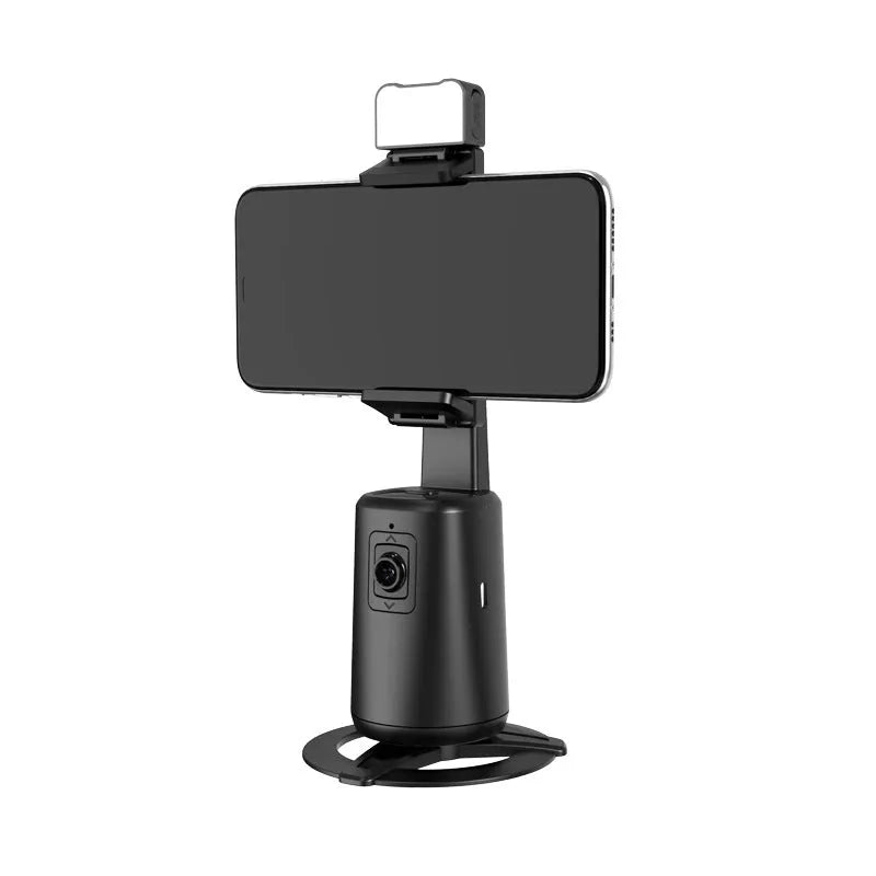 Black desktop phone bracket with LED ribbon lights showing rotating camera head and remote control