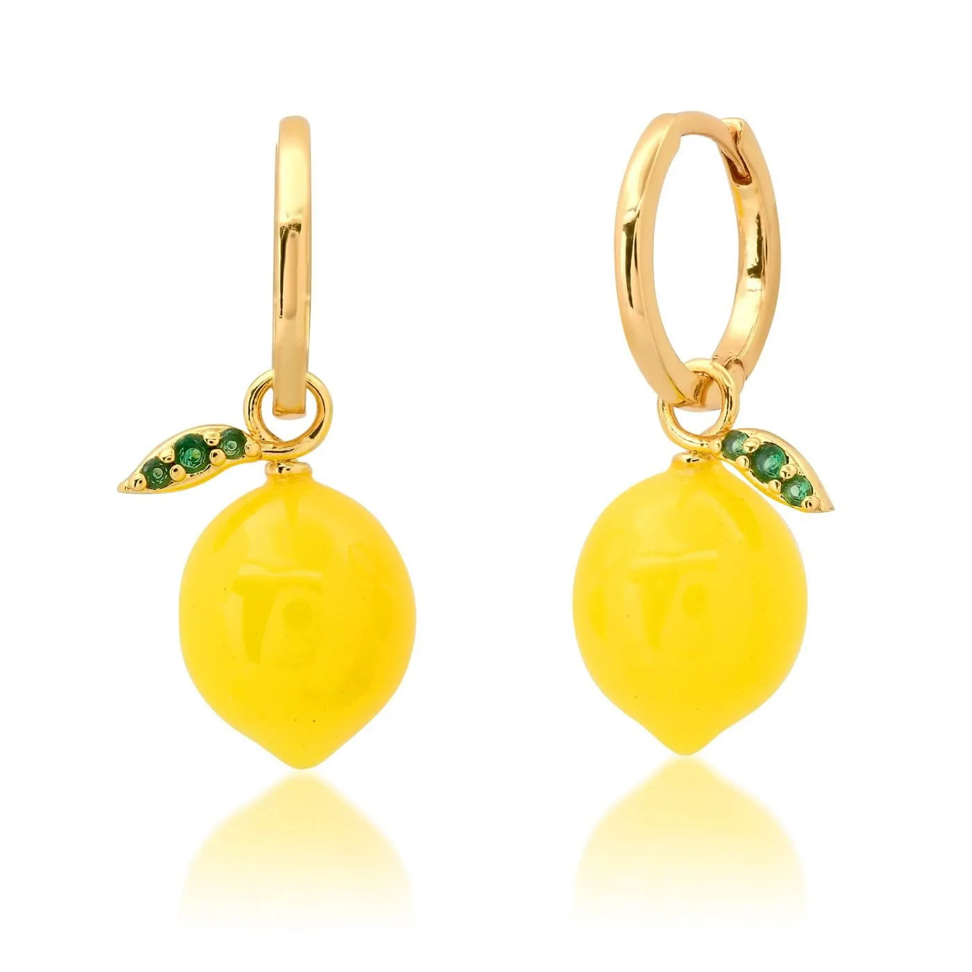 Gold plated copper earrings with detailed carrot, orange, blueberry, chilli, lemon, olive, and peach designs.