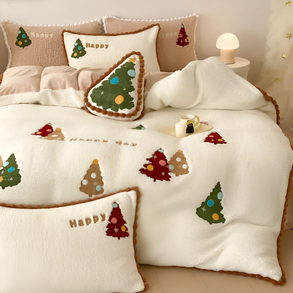 Bright yellow Christmas tree cartoon pattern fleece-lined four-piece bedding set with embroidery