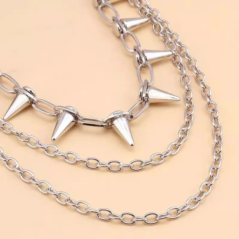 Silver metal trousers chain with double layer design and rivet detailing for punk hip hop style