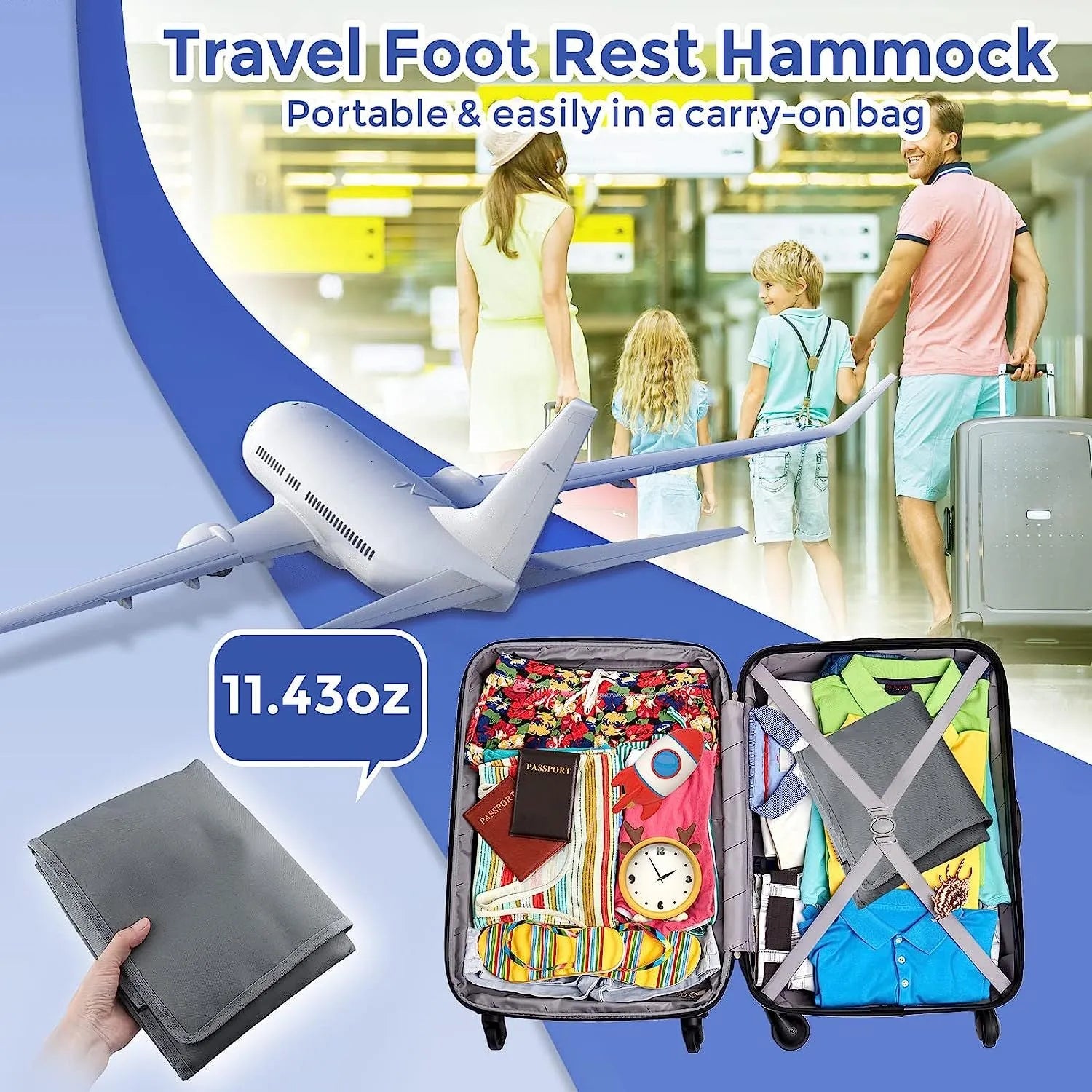 Portable blue nylon aircraft seat extender for children with drawstring storage pocket attached