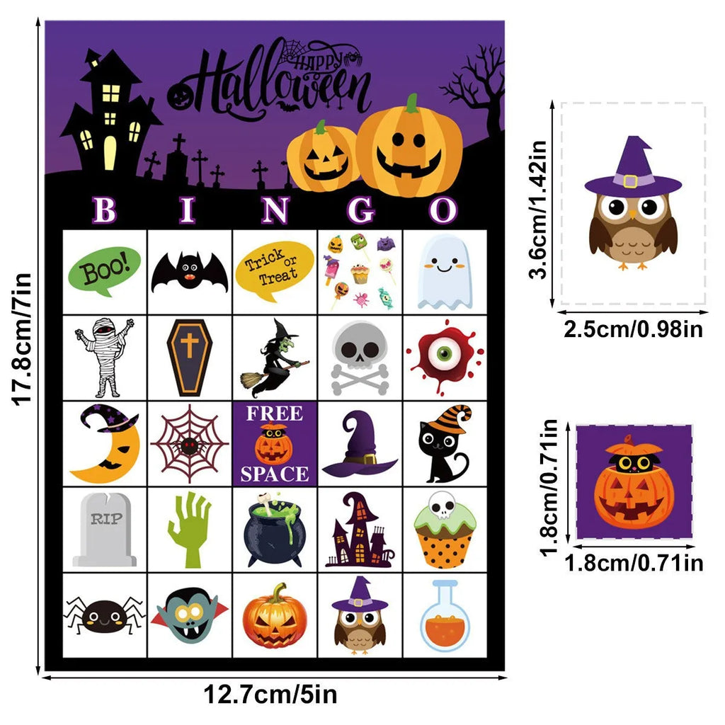 Halloween bingo game card with pumpkin design and paper nameplates on a table