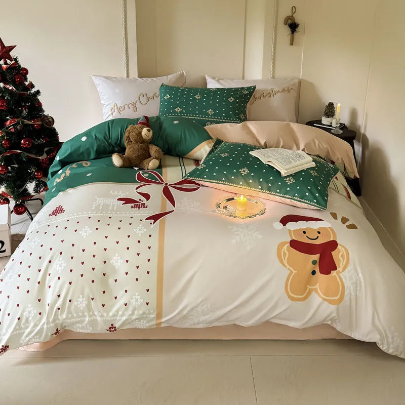 Christmas style four-piece bedding set with Gingerbread Man cartoon print on super soft washed cotton
