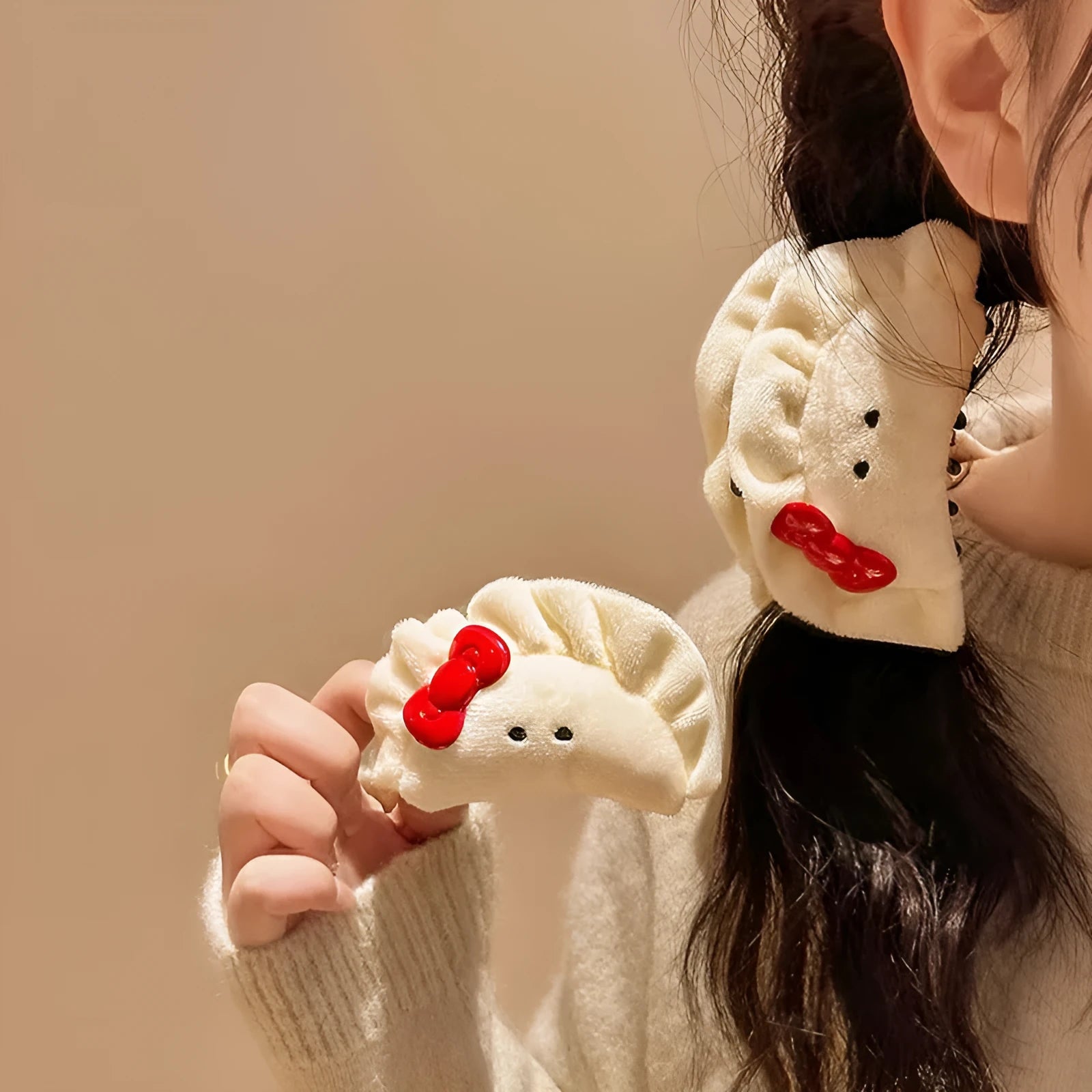 Cute plush dumpling grip barrette with bowknot for women hair accessories.