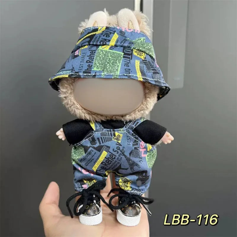 Plastic doll clothing costume for 17cm tall vinyl figurines on a display stand.