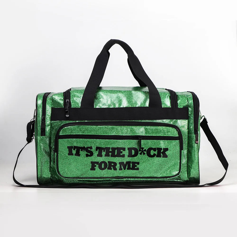 Large silver PU leather sports handbag with letter design for yoga and fitness