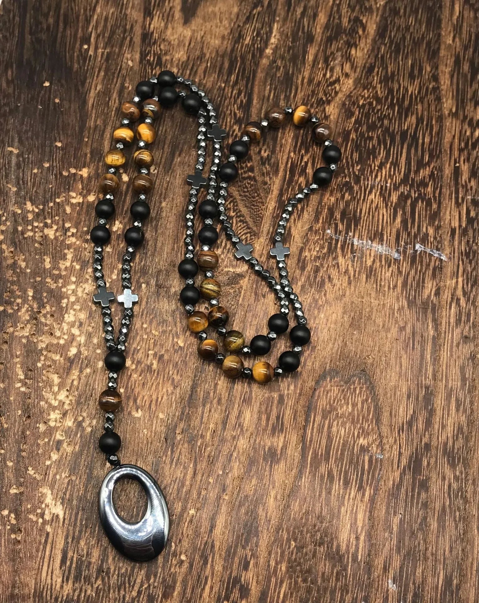Men's stone cross pendant necklace with ball bead chain and safety lock clasp