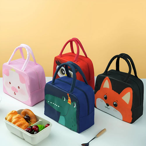 Cartoon insulated lunch box bag with animal designs and aluminium foil lining for heat preservation