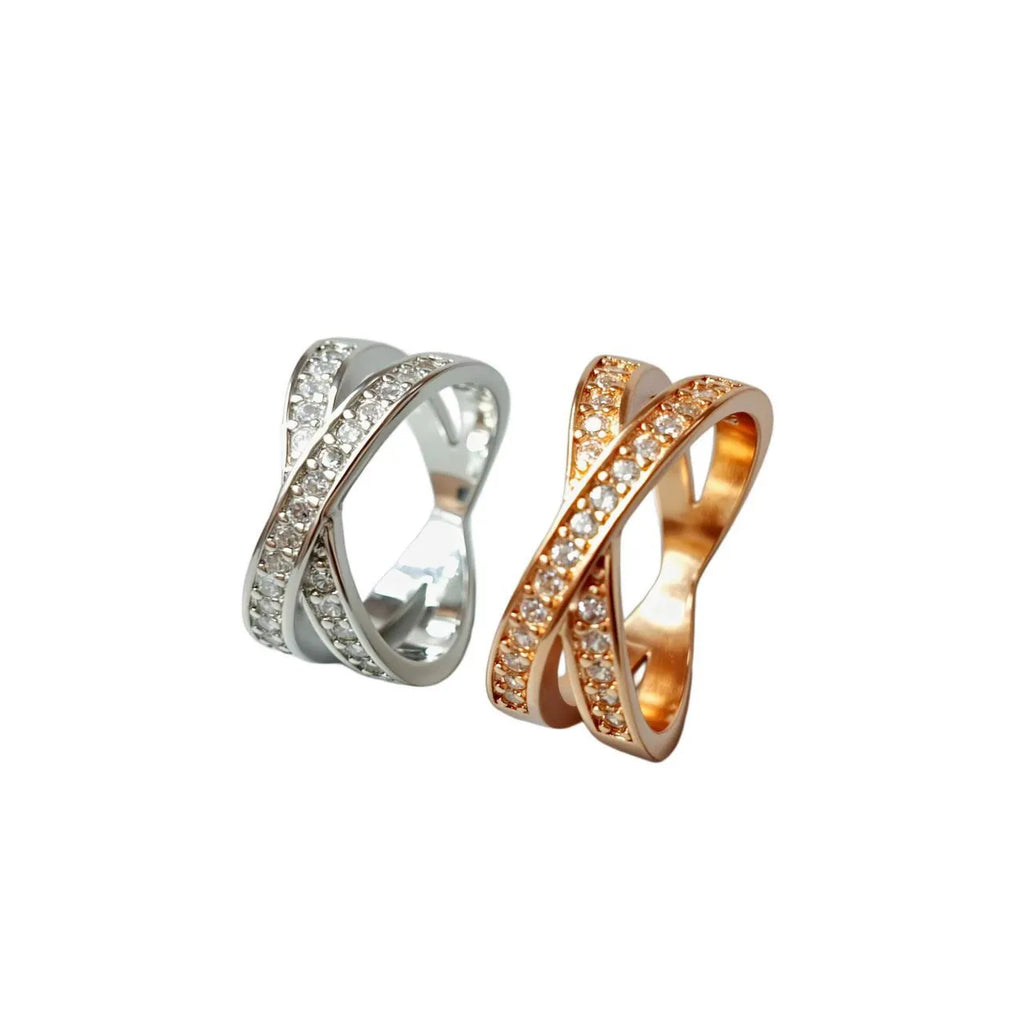 Metal cross ring with micro-inlaid zircon stones in silver or rose gold electroplate