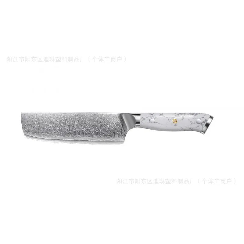 Damascus pattern VG10 steel combined chef knife with 21cm blade on wooden surface