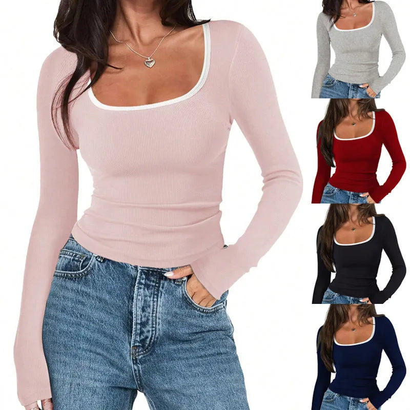 Women's cotton square collar slim fit long sleeve top in multiple colour options