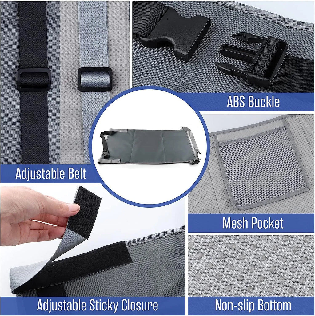 Portable blue nylon aircraft seat extender for children with drawstring storage pocket attached