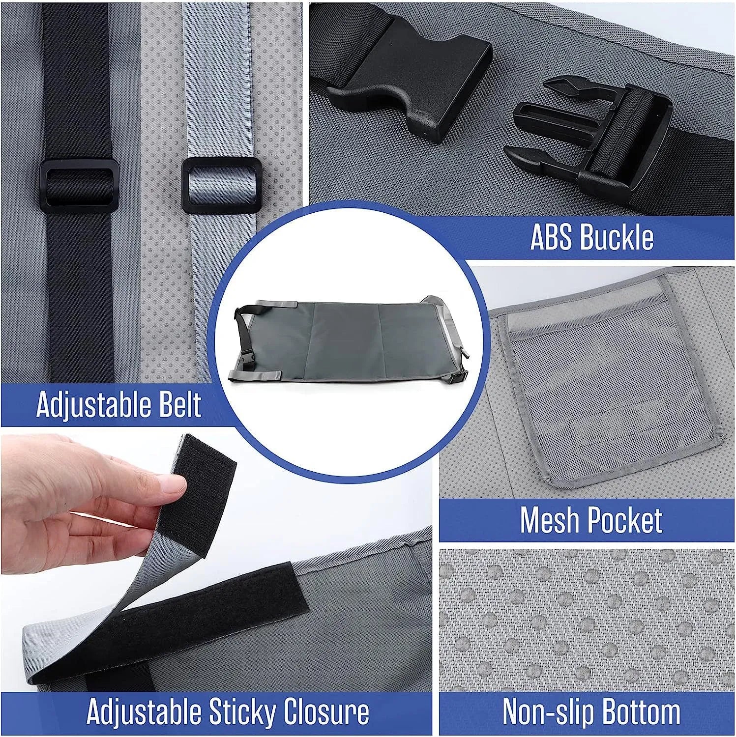 Portable blue nylon aircraft seat extender for children with drawstring storage pocket attached