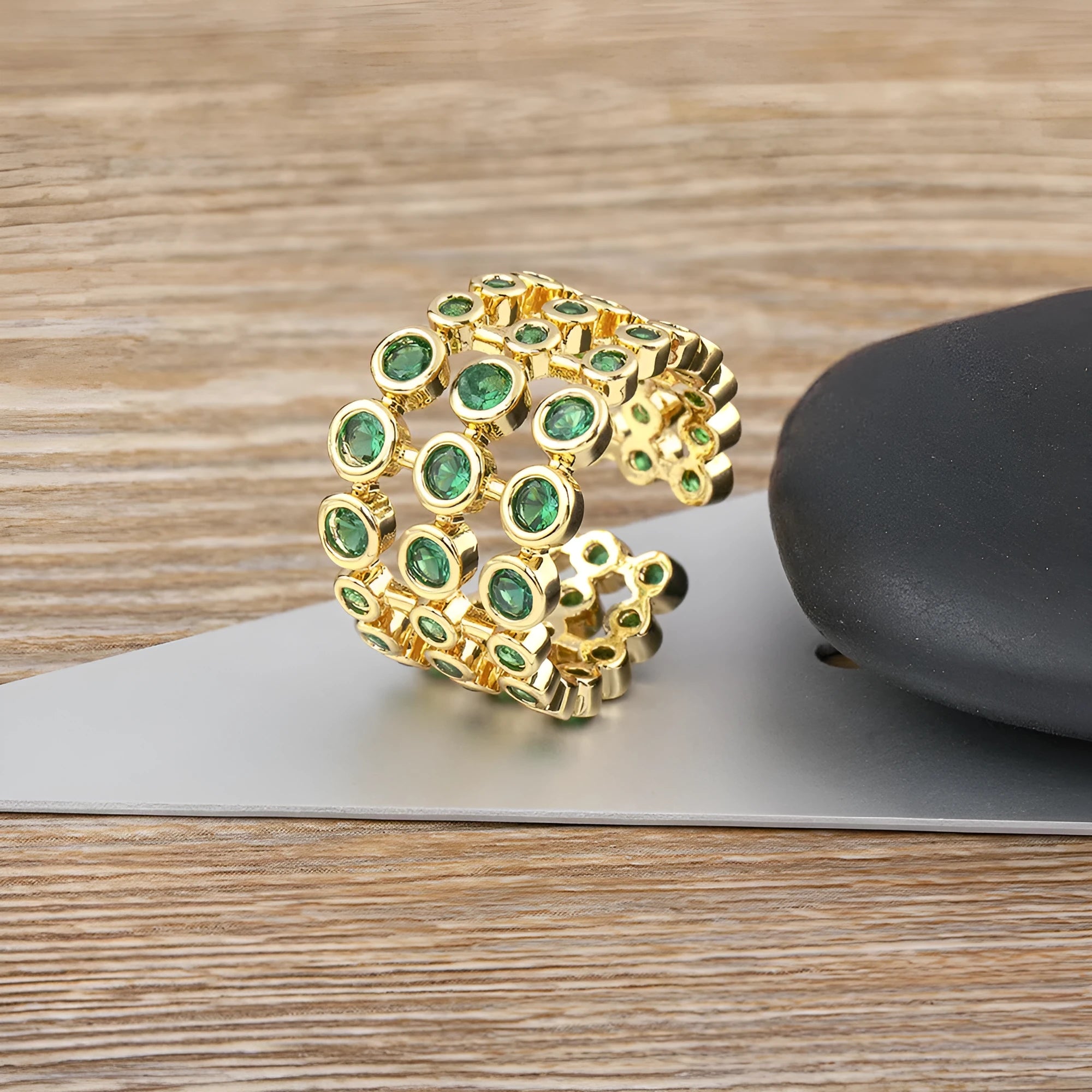 Copper ring with 18K gold three-layer plating and green zircon detailing on wide band