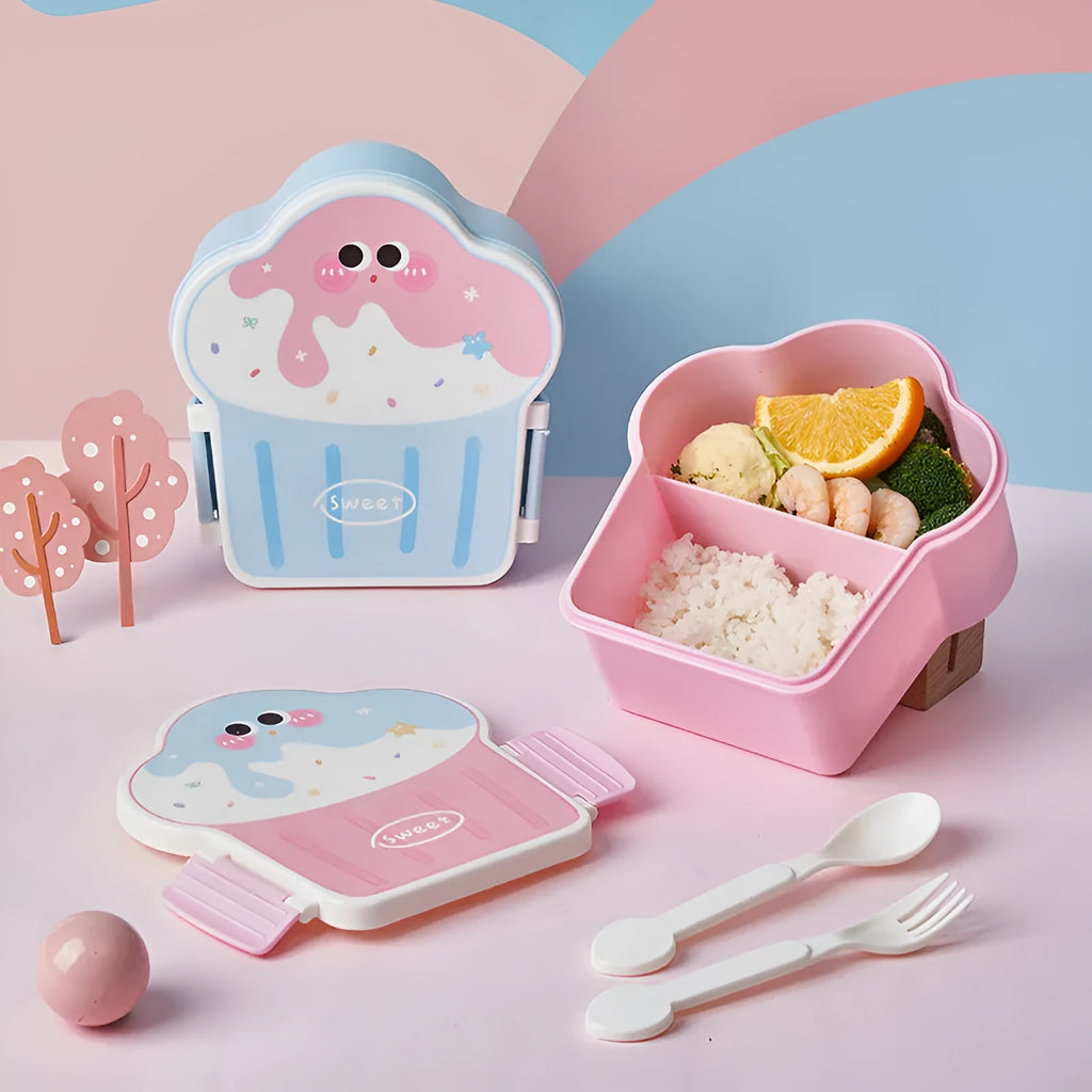 Pink and blue ice cream shaped plastic lunch box with spoon and fork included