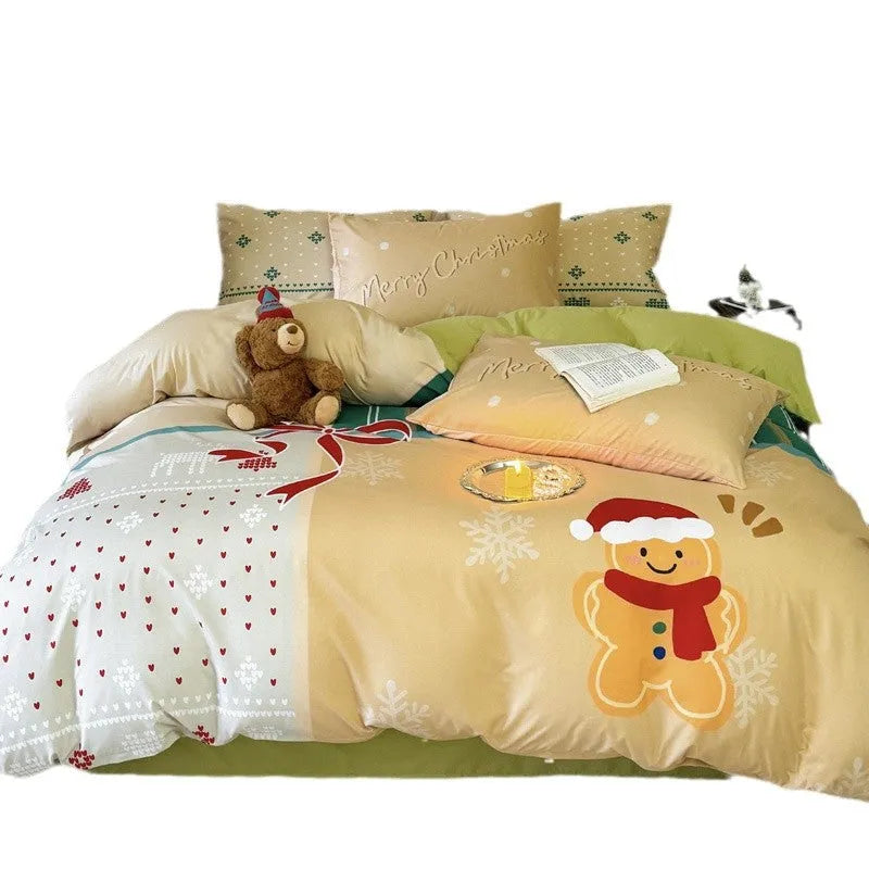 Christmas style four-piece bedding set with Gingerbread Man cartoon print on super soft washed cotton