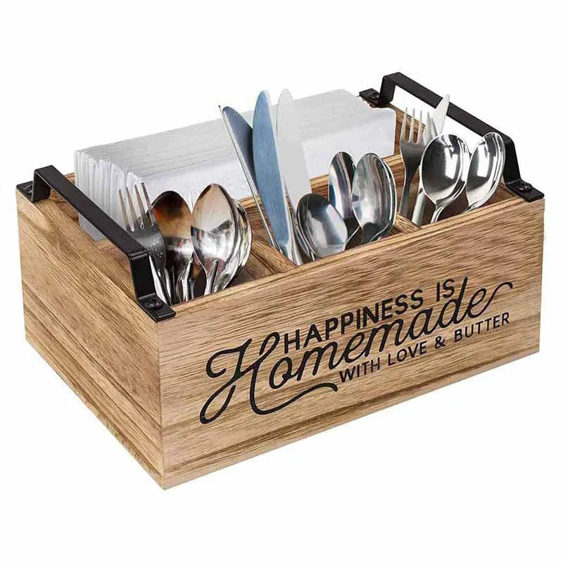 Wooden kitchen storage box with interior grid dividers for tableware organisation