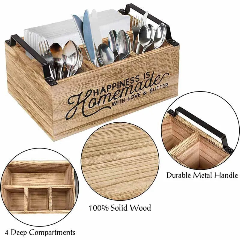 Wooden kitchen storage box with interior grid dividers for tableware organisation
