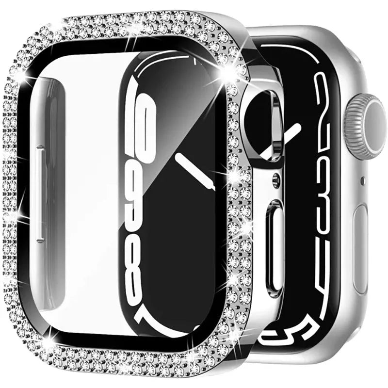 Apple Watch case with double diamond glass screen protector in rose pink colour for a 44mm model.