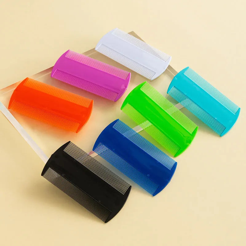 Fine teeth plastic flea comb for lice removal in various colours on a white background.