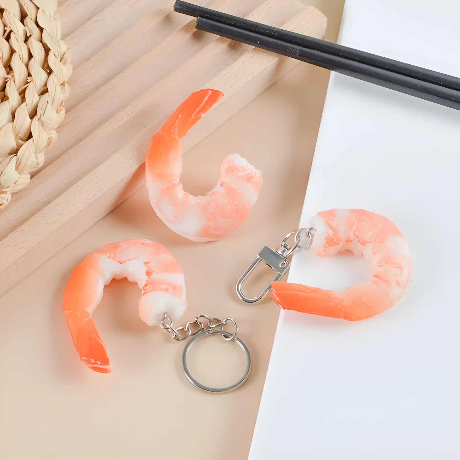 Detailed PVC simulation shrimp keychain with door buckle on a white background.