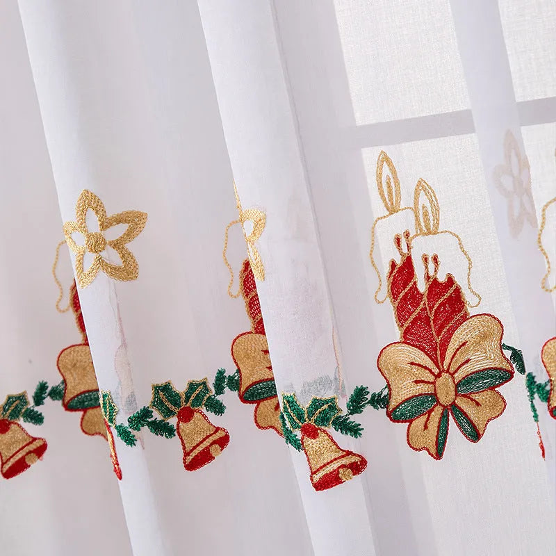 Pair of red and white Christmas curtains with embroidered snowflake pattern