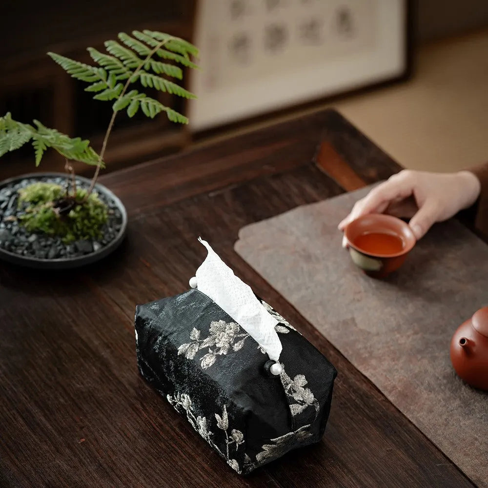 New Chinese style brocade tissue box cover with embroidered white plum pattern, shown with and without a pearl buckle.